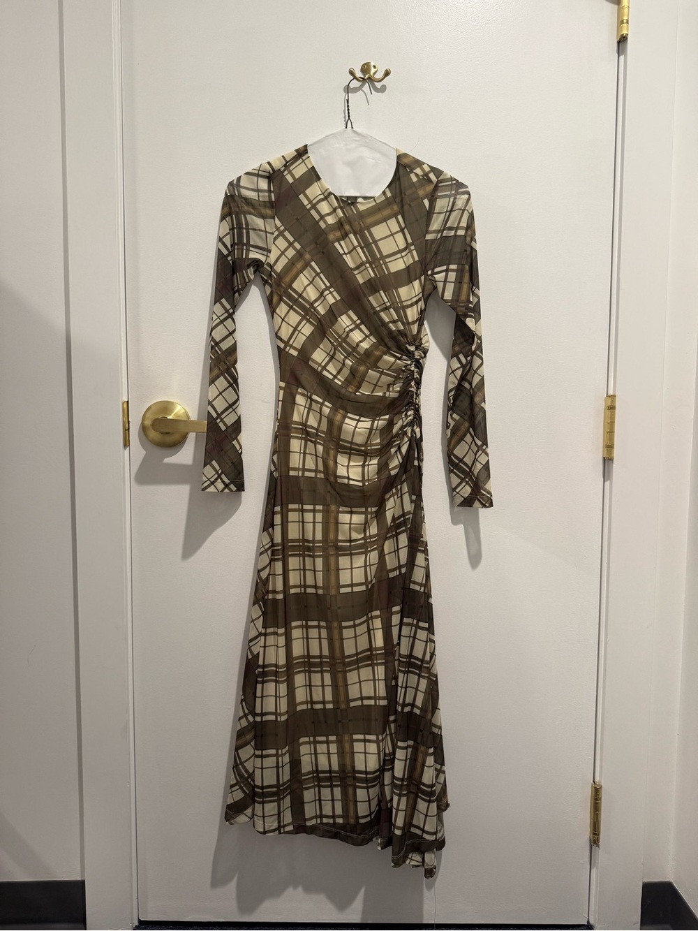 Anthropologie Brown and Cream Plaid Long Sleeve Wrap Dress